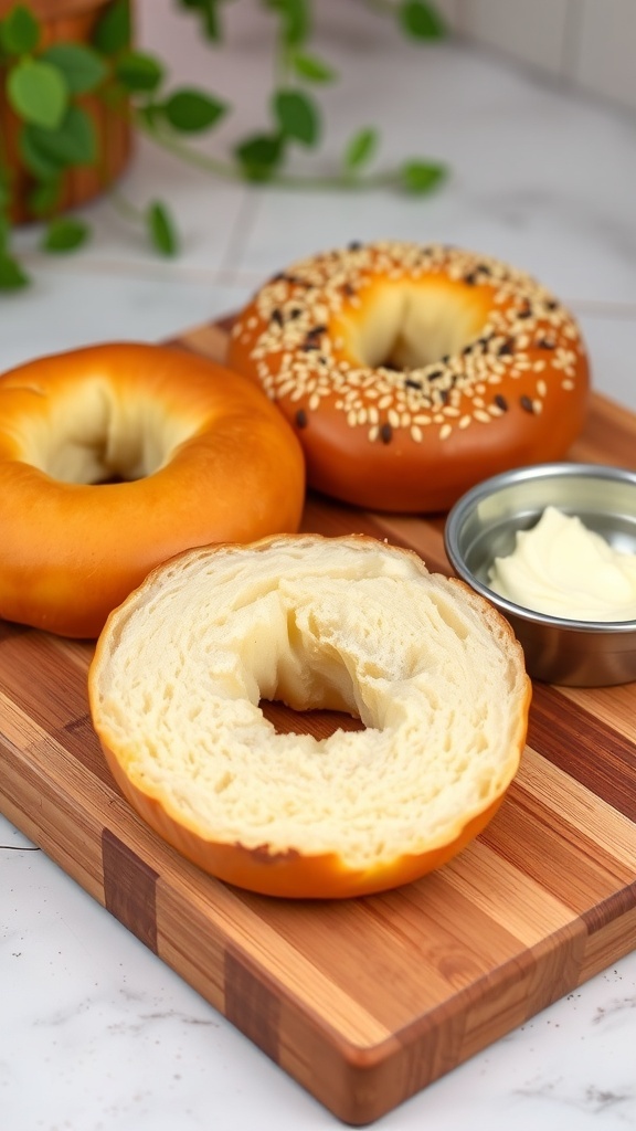 Two golden brown air fryer bagels on a cutting board with cream cheese and sesame seeds.